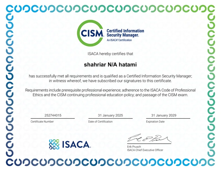 CISM certificate awarded to Shahriar Hatami