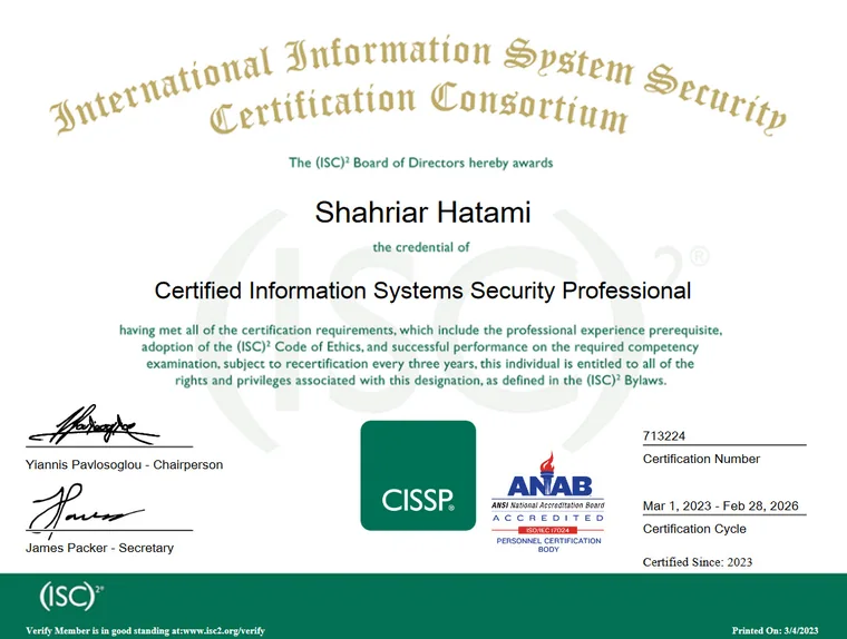 CISSP certificate awarded to Shahriar Hatami