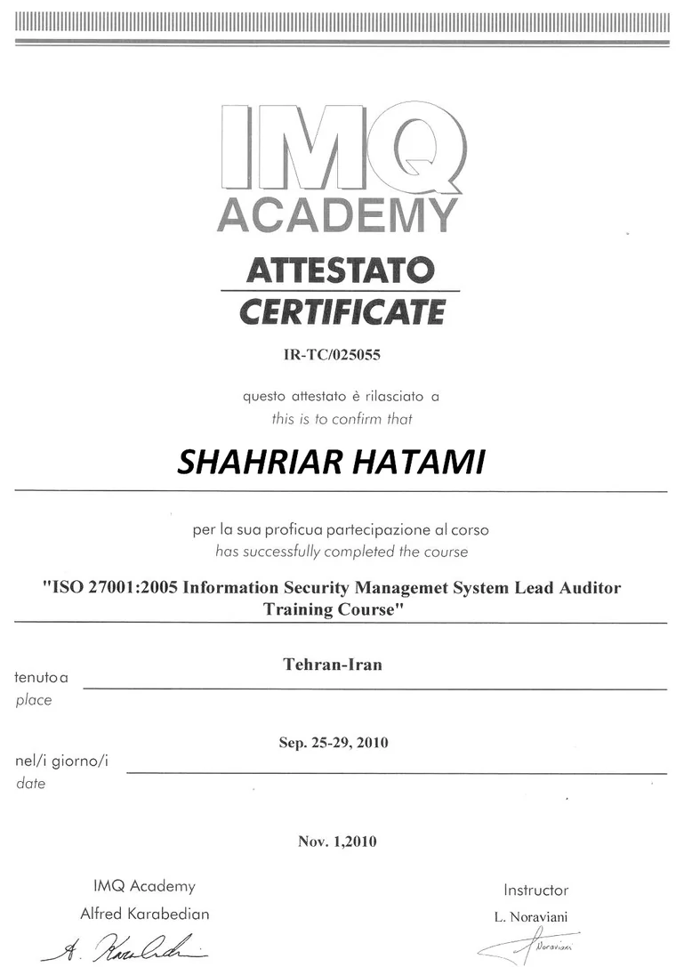 ISO 27001 Lead Auditor Training certificate awarded to Shahriar Hatami